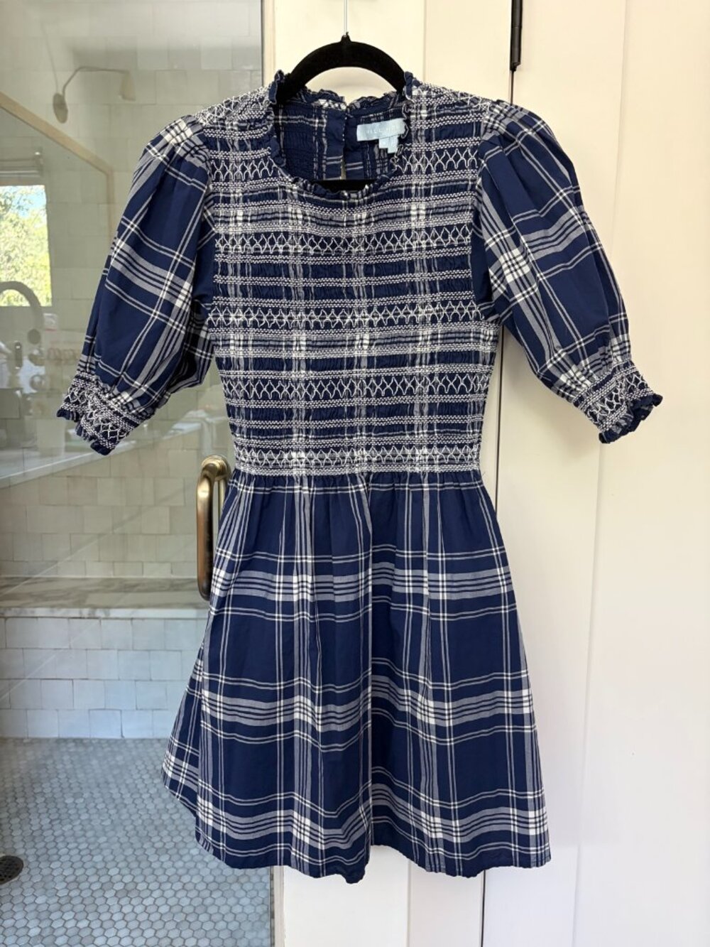 Hill House Home S Navy Plaid Smocked Mini Dress